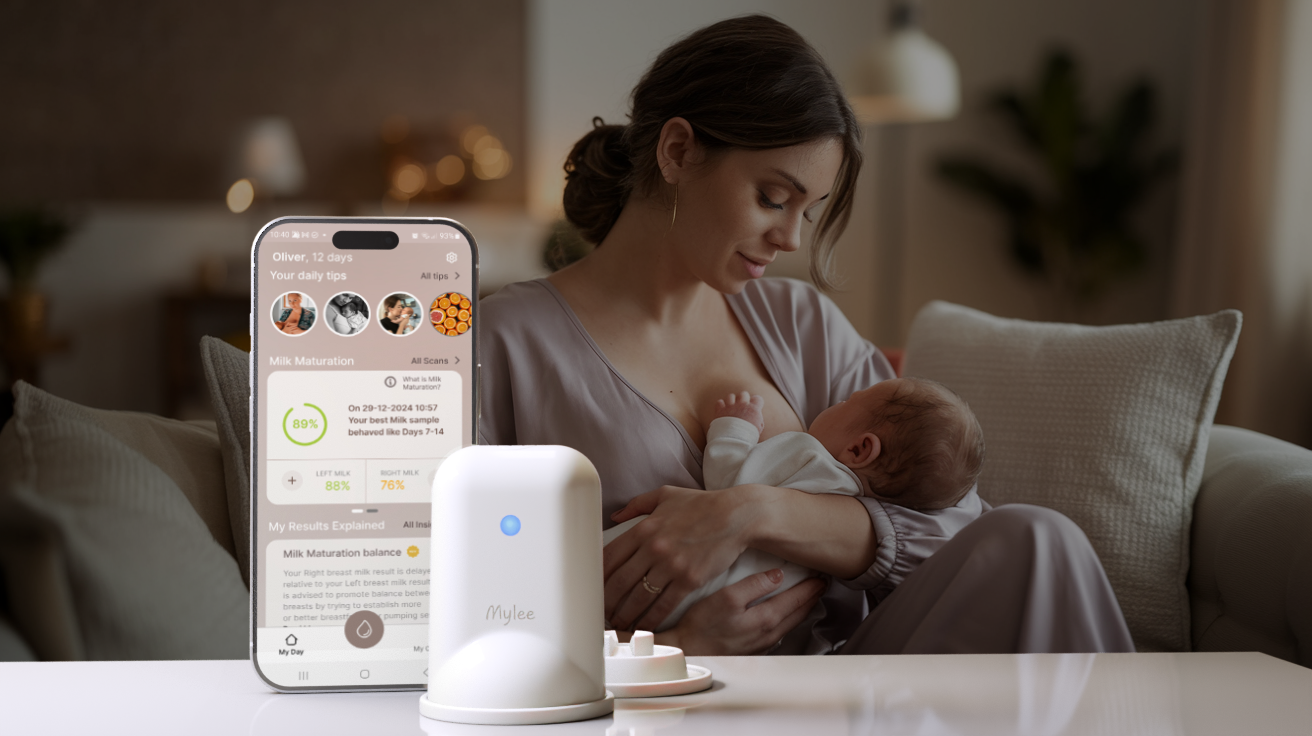 Mylee milk or colostrum sensor for breastfeeding and milk supply establishment insights with MyLee App interface. breastfeeding mother in the background