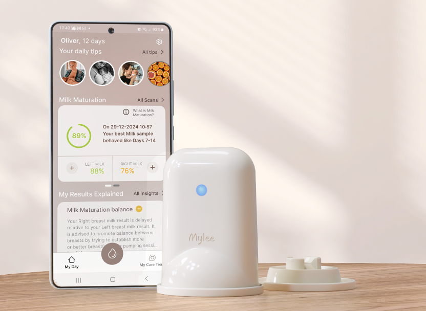 MyLee milk / colostrum sensing device and App interface for tracking breastfeeding and milk supply  progress with 6 milk / colostrum drops