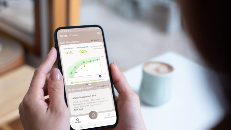 MyLee breast milk monitoring mobile app interface showing breastfeeding progress by tracking milk maturation
